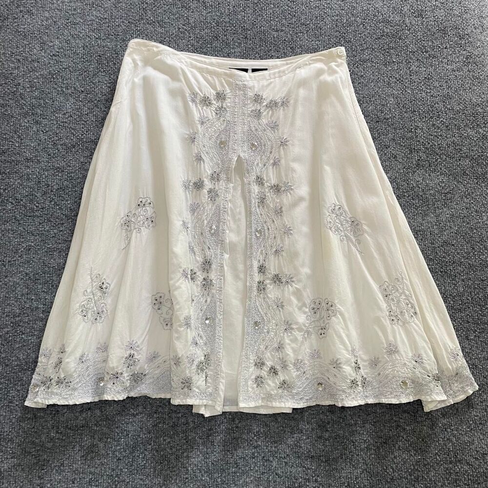 Whimsy peasant vintage beaded embroidered white cotton skirt
